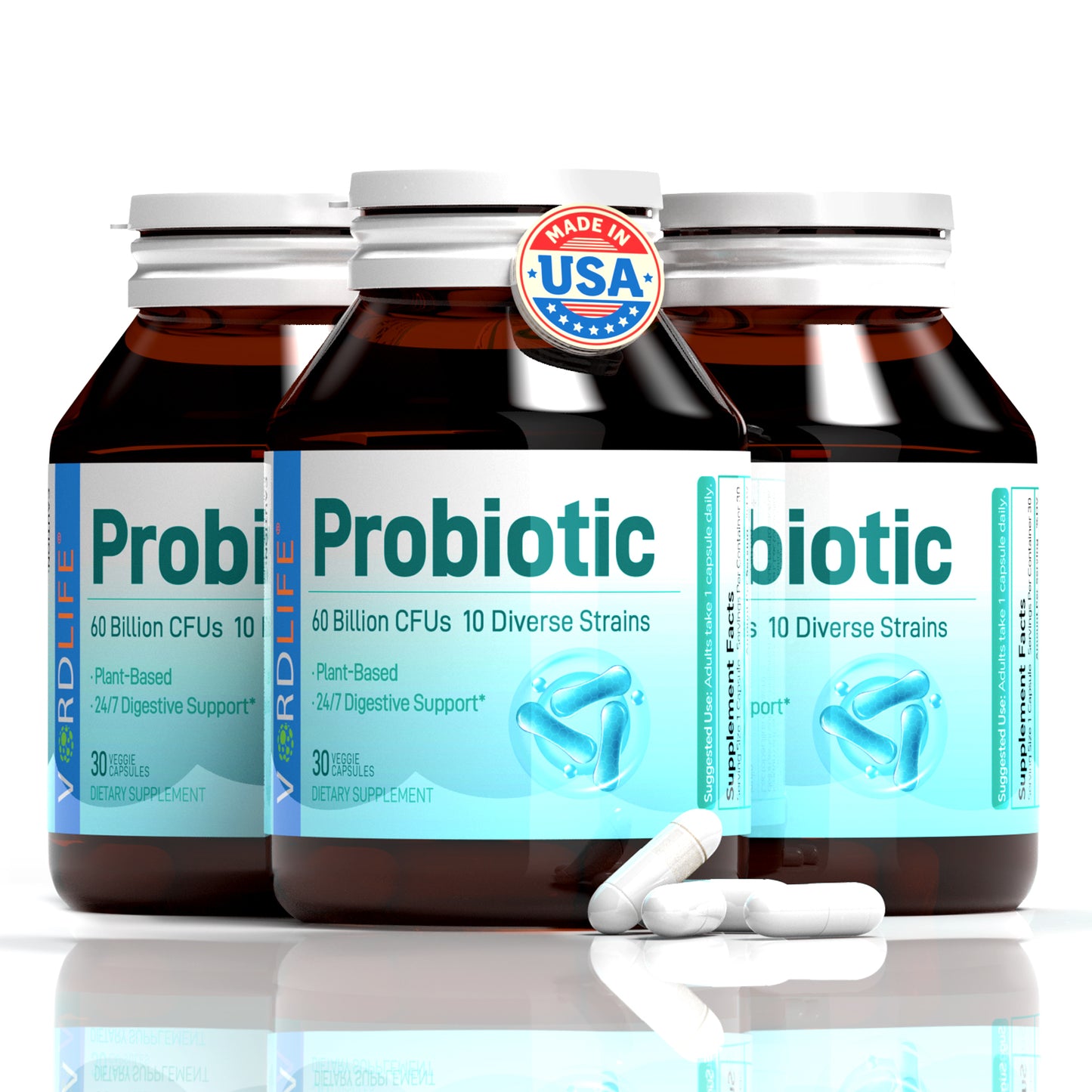 60 Billion CFU Probiotic with 10 Strains for Adults - 24/7 Digestive Support, Gut Health & Immune System Aid - Plant-Based, Delayed Release Veggie Capsules, 30 Count