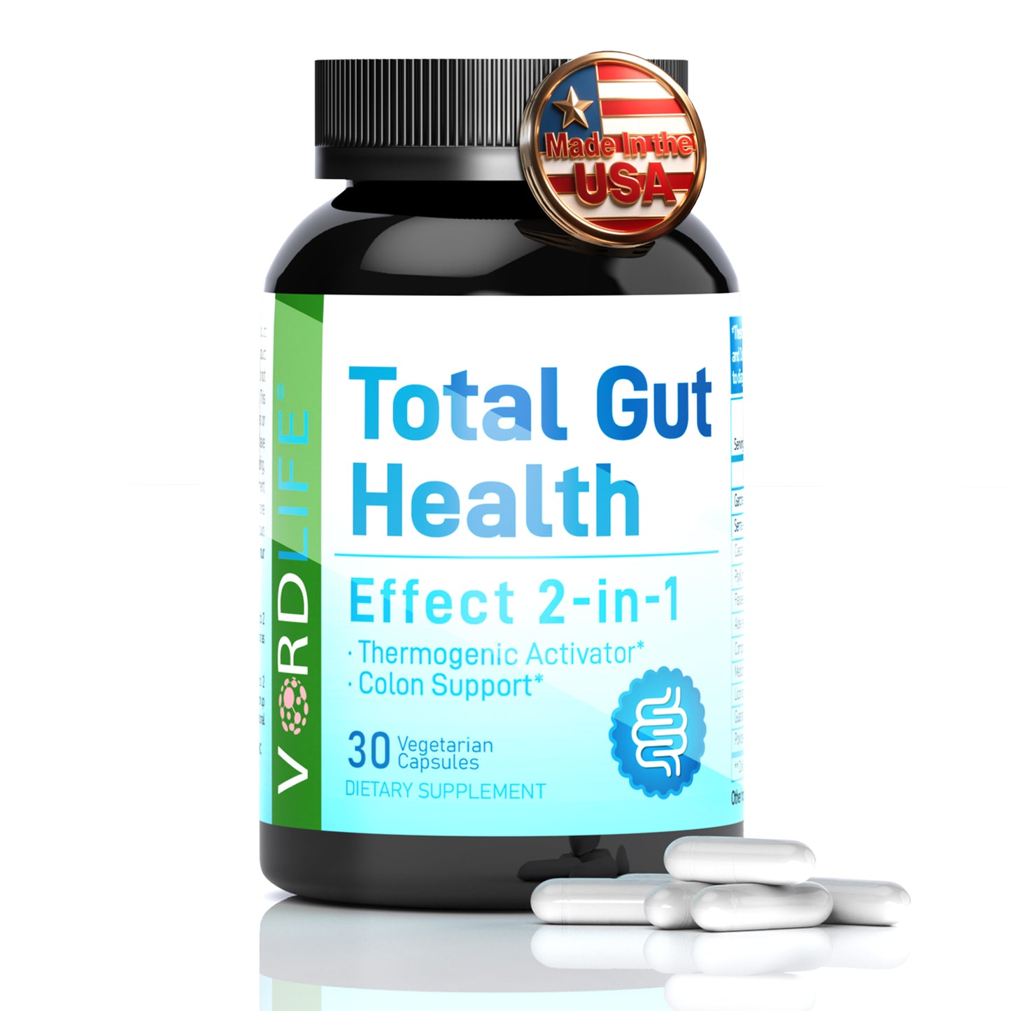Total Gut Health 2-in-1 Supplement - Thermogenic Activator & Colon Support for Digestive Cleanse, Metabolism Boost & Bloating Relief - 30 Vegetarian Capsules
