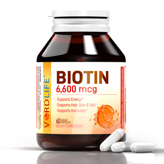 Biotin 6,600 mcg – High Potency Hair Skin & Nails Supplement – 60 Veggie Capsules | Supports Hair Growth, Strong Nails, Glowing Skin, Energy & Immunity for Women & Men
