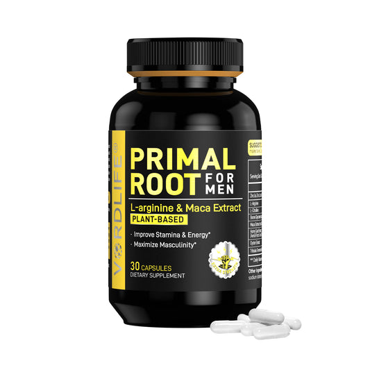 PRIMAL ROOT for Men - L-Arginine & Maca Extract Supplement - Plant-Based Formula to Improve Stamina, Energy, Vitality & Maximize Masculinity - 30 or 60 Vegan Capsules