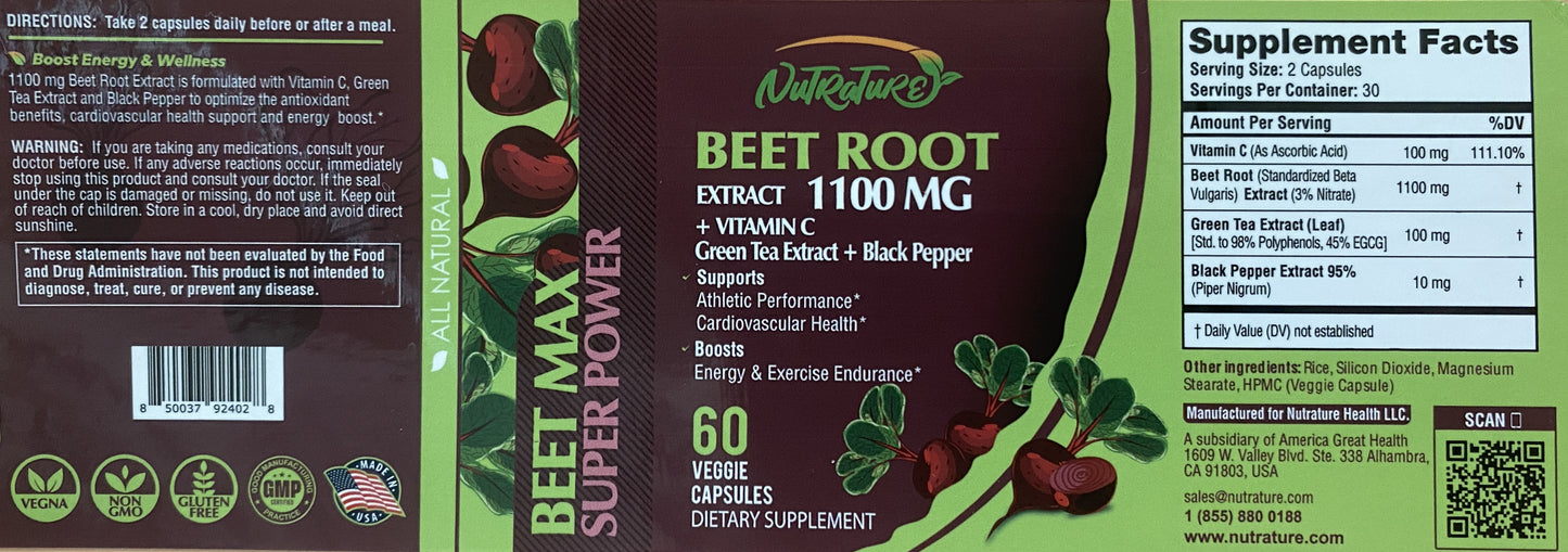 Beet Root Extract - 60 Veggie Capsules - Athletic Performance, Cardiovascular Health, and Energy & Exercise Endurance